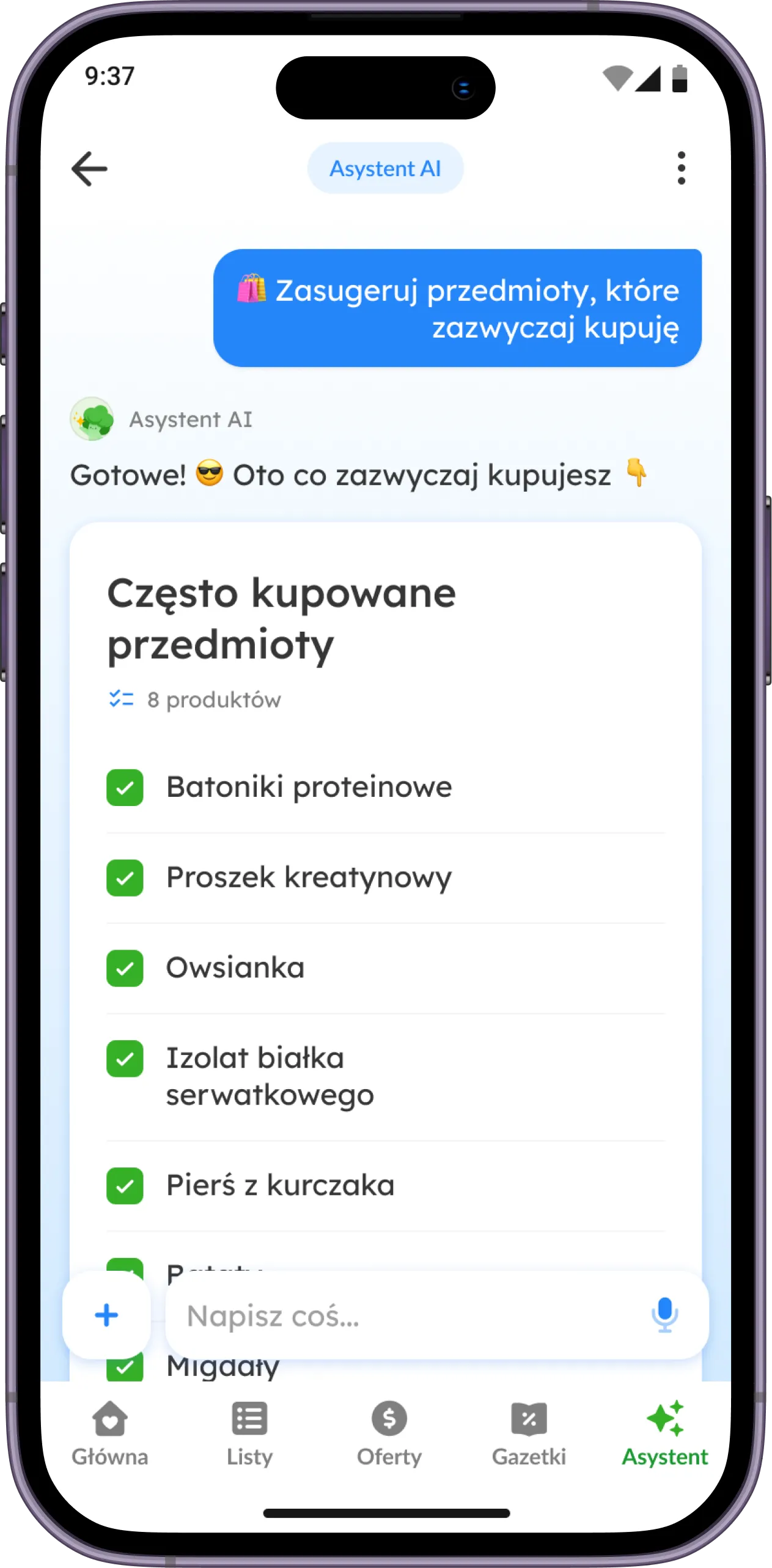 Zrzut ekranu: Asystent AI podsuwa 8 często kupowanych produktów