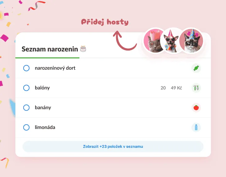 Seznam narozenin s dortem, balónky a limonádou, hosté jsou kočky v čepičkách