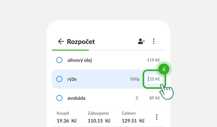 Prst ťuká na pole ceny u rýže, pod ním jsou součty seznamu