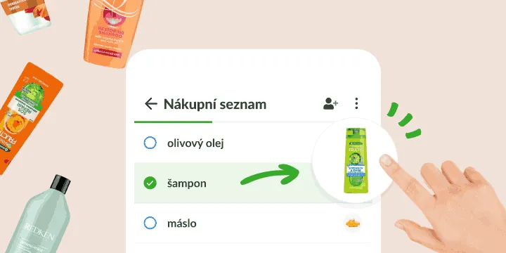 Nákupní seznam, kde odškrtnutý šampon otevírá fotku přesně té lahve