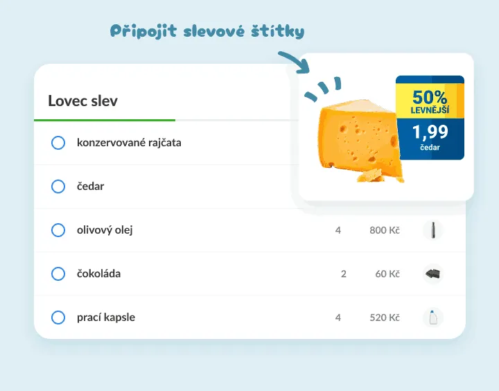 Čedar v seznamu slev s připojenou fotkou cenovky za poloviční cenu