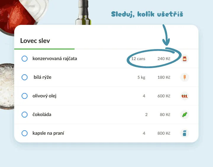 Seznam velkých nákupů jako 12 konzerv rajčat a 5 kg rýže, s cenami