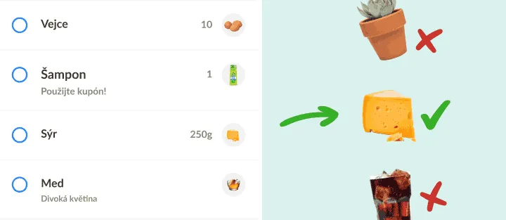 Nákupní seznam, vedle zaškrtnutý sýr a přeškrtnutá rostlina a limonáda