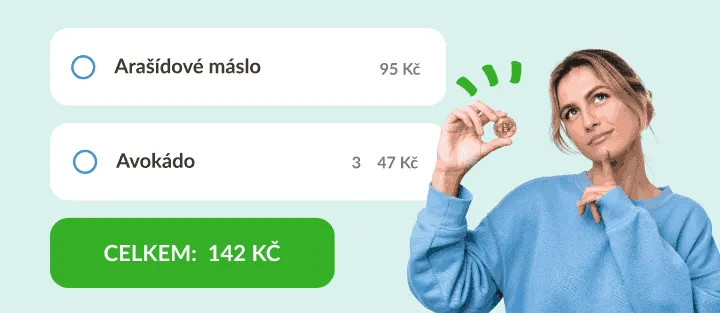 Žena s mincí vedle arašídového másla a avokáda s cenami a celkovou částkou
