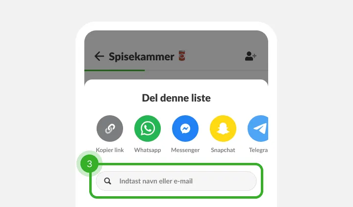 Delingsmenu med ikoner for beskedapps og et søgefelt til navn eller e-mail
