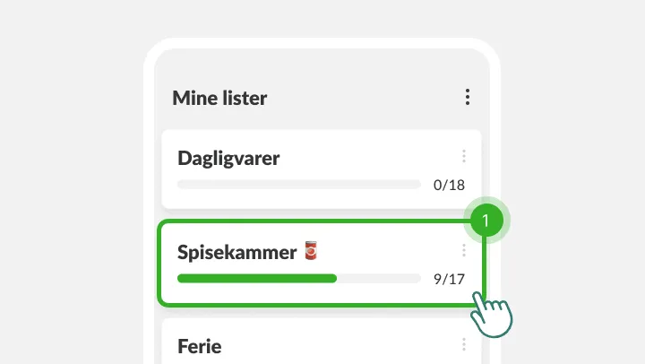 Skærmen Mine lister med listen Spisekammer fremhævet under en trykkende finger