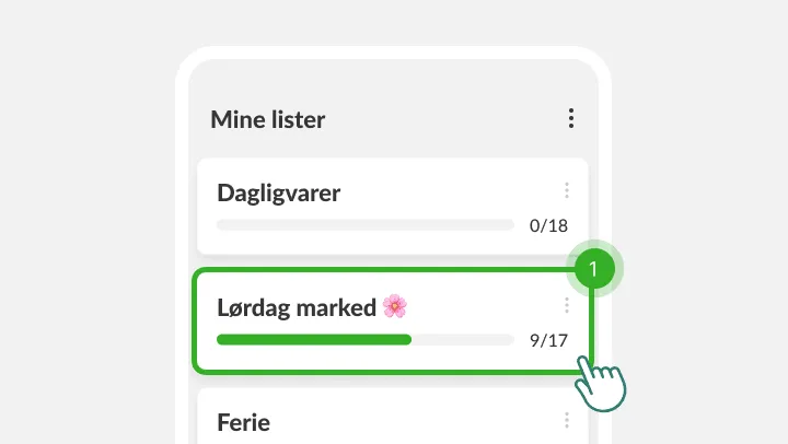 Skærmen Mine lister med listen Lørdag marked fremhævet under en trykkende finger