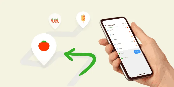 Hand met een telefoon met boodschappenlijst naast kaartpinnen voor de schappen
