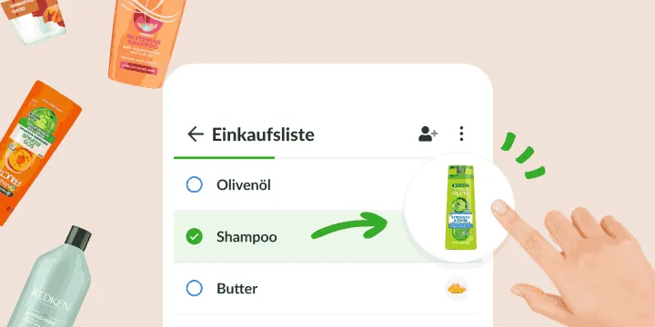 Einkaufsliste: Das abgehakte Shampoo öffnet ein Foto genau dieser Flasche