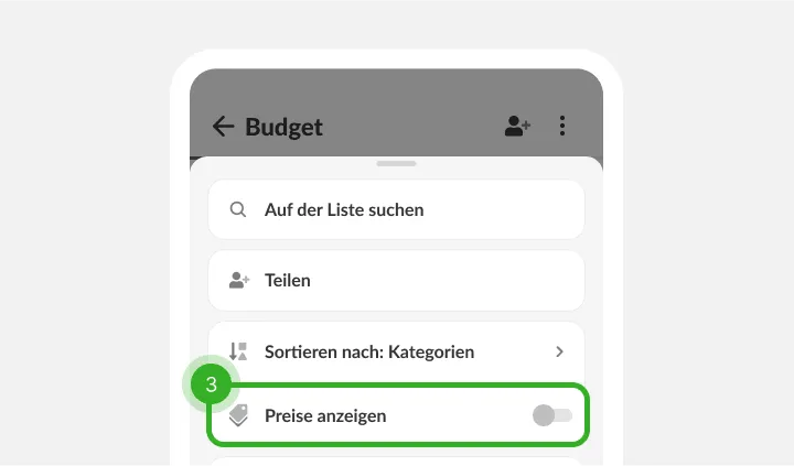 Listenmenü mit Suchen, Teilen und Sortieren, der Schalter für Preise noch aus