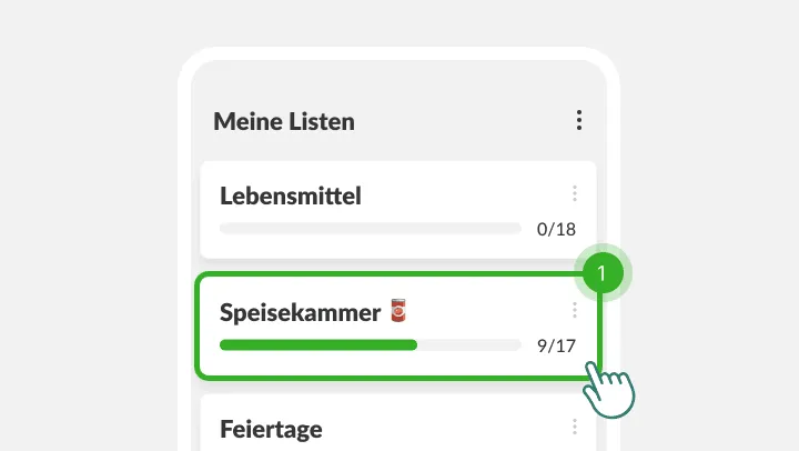 Bildschirm Meine Listen, Speisekammer markiert unter einem tippenden Finger