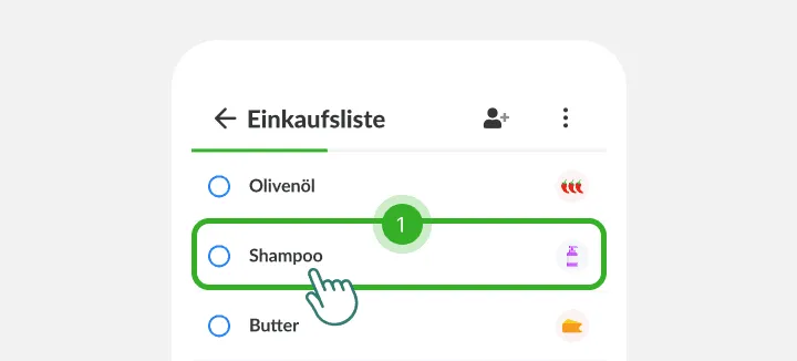 Finger tippt auf Shampoo zwischen Olivenöl und Butter auf einer Einkaufsliste