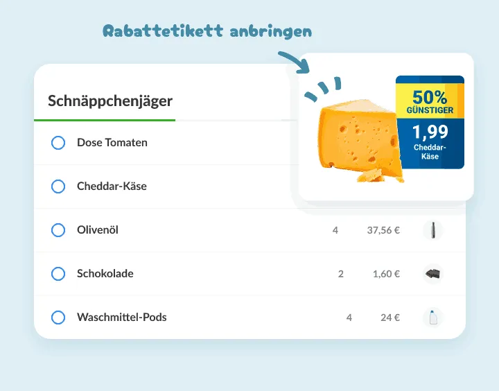 Cheddar-Käse auf einer Angebotsliste mit Foto des Preisschilds zum halben Preis