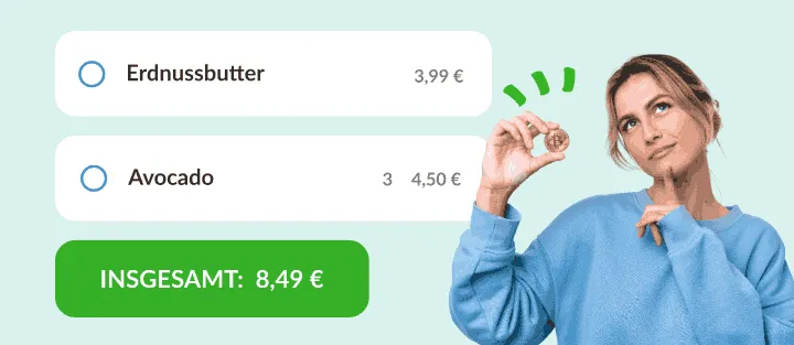 Frau mit Münze neben Erdnussbutter und Avocados mit Preisen und Gesamtsumme