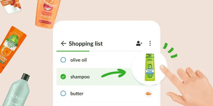 チェックしたシャンプーの項目から、その商品の写真が開く買い物リスト