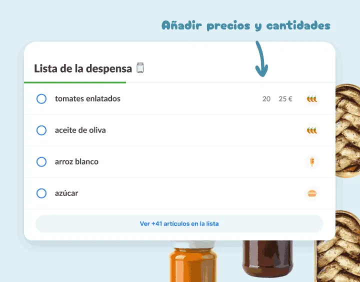 Lista de la despensa: tomates enlatados, aceite, arroz y azúcar, uno con precio