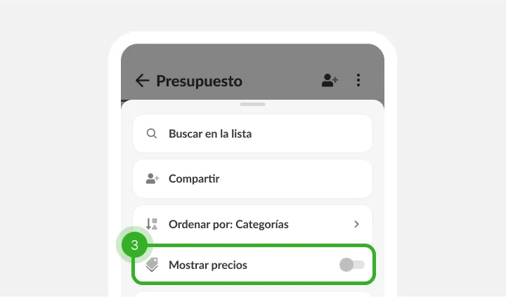 Menú de la lista: buscar, compartir, ordenar y el interruptor de precios apagado