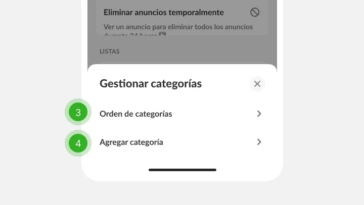 Panel de categorías con opciones de ordenar y agregar, marcadas como pasos 3 y 4