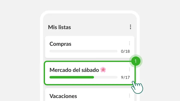 Pantalla Mis listas con la lista Mercado del sábado resaltada bajo un dedo