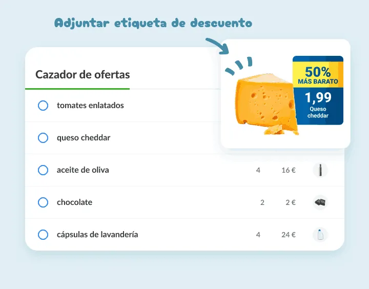Queso cheddar en una lista de ofertas con foto de su etiqueta a mitad de precio