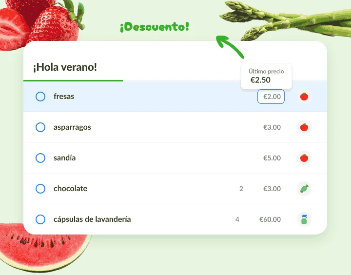 Lista de verano donde las fresas tienen un precio menor que el último registrado