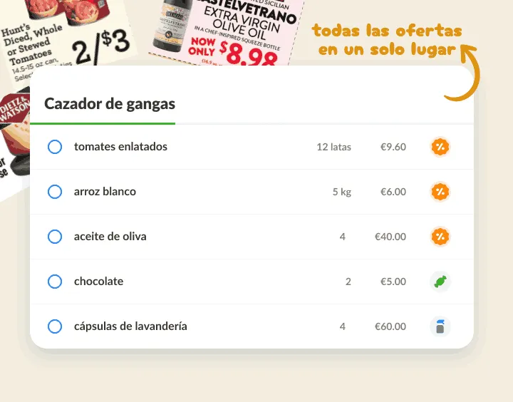 Lista de gangas sobre folletos, rebajas marcadas con un icono de porcentaje