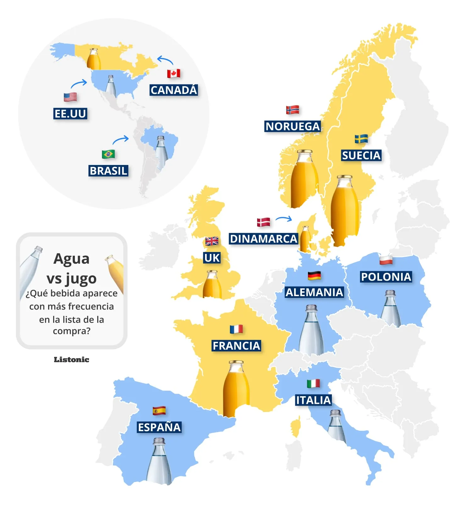 Mapa: en España el agua gana al zumo en las listas; en Francia, el zumo