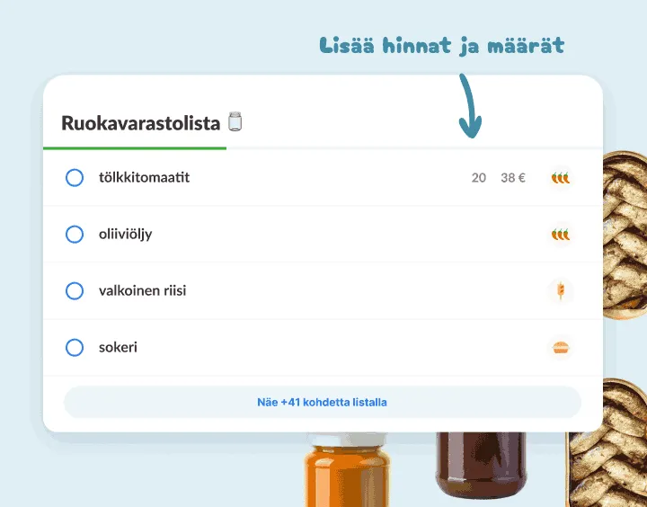 Ruokavarastolista: tölkkitomaatit, oliiviöljy, riisi ja sokeri, yhdessä hinta