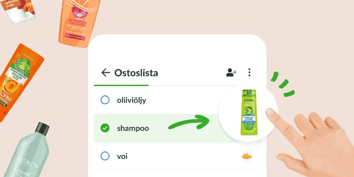 Ostoslista, jossa rastitettu shampoo avaa kuvan juuri oikeasta pullosta