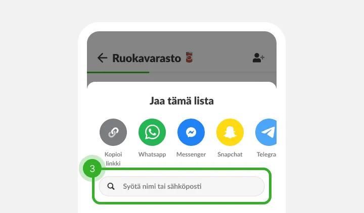 Jakovalikko viestisovellusten kuvakkeineen ja nimen tai sähköpostin hakukenttä