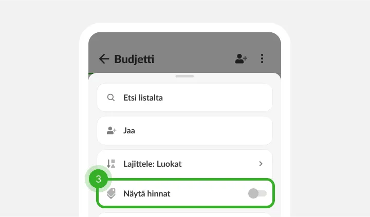 Listavalikko: haku, jako, lajittelu ja hintojen kytkin vielä pois päältä