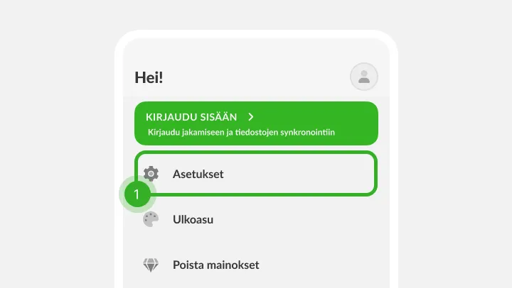 Profiilivalikko, kirjautumisbanneri ja rataskuvakkeen rivi vaiheena yksi