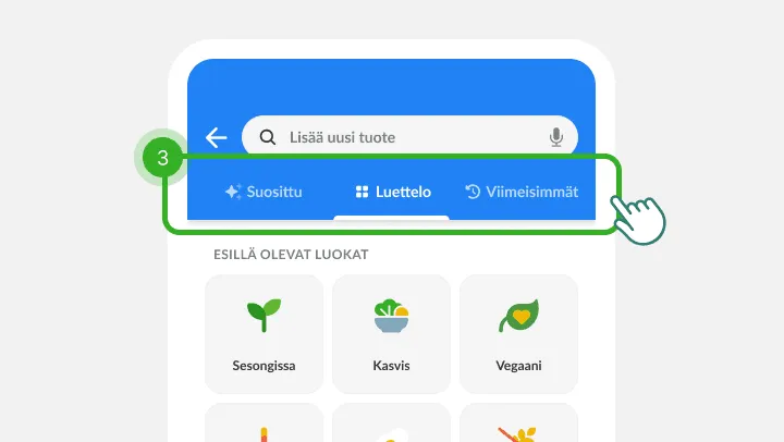 Tuotehakunäkymä, kolme välilehteä merkitty vaiheeksi kolme, alla luokat