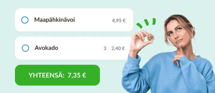 Nainen kolikko kädessä, vieressä maapähkinävoi ja avokadot hintoineen ja summa