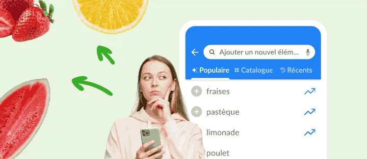 Femme avec un téléphone près d'articles populaires comme fraises et pastèque
