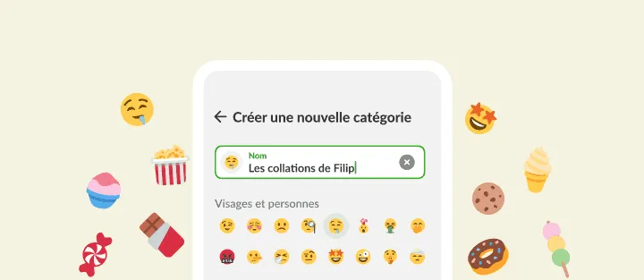 Création de la catégorie Les collations de Filip, emojis et sucreries autour