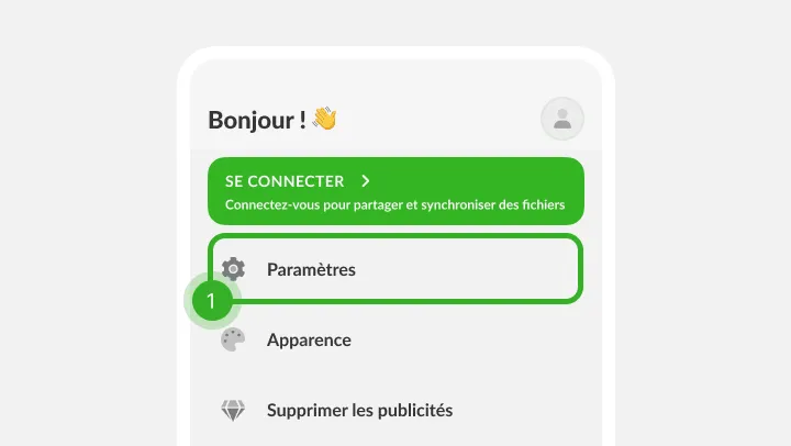 Menu du profil avec bannière de connexion, ligne à l'engrenage en étape 1