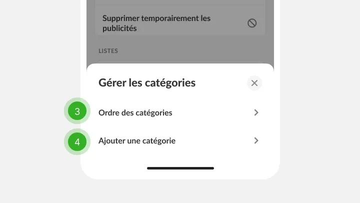 Panneau des catégories avec options d'ordre et d'ajout, marquées étapes 3 et 4