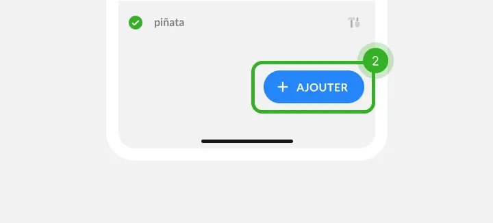 Bas d'une liste avec un article coché et un bouton bleu marqué comme étape 2