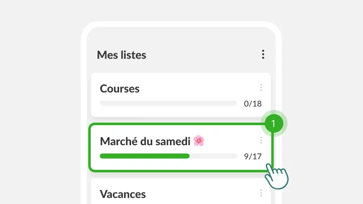 Écran Mes listes, Marché du samedi en surbrillance sous un doigt qui tape