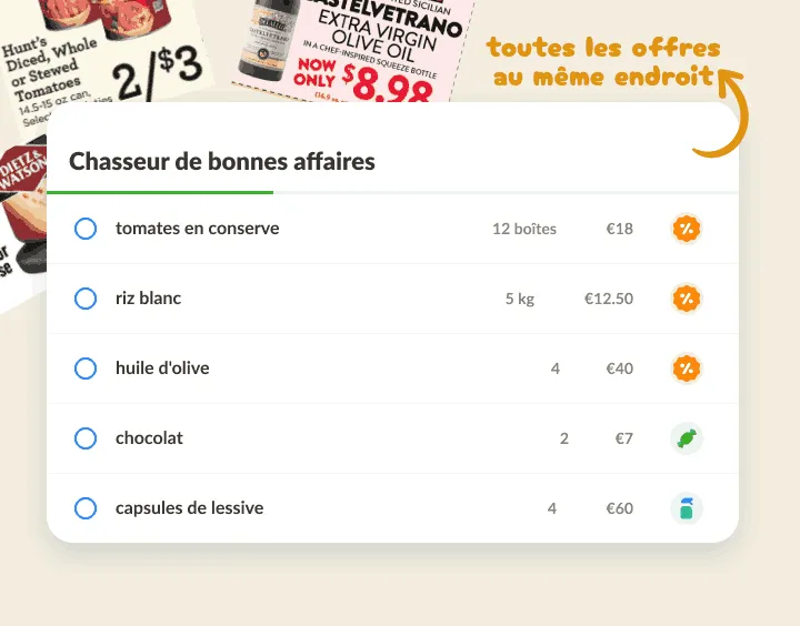 Liste de bonnes affaires sur des prospectus, promos marquées d'un pourcentage