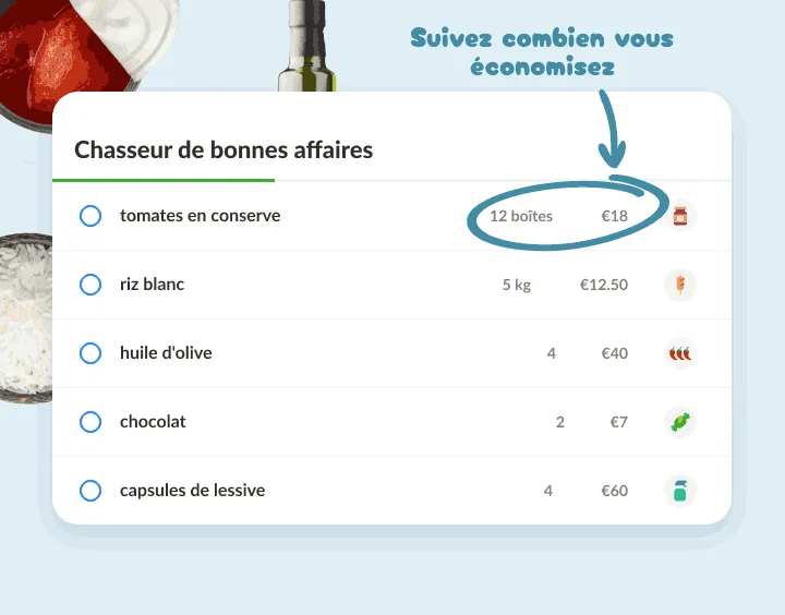 Liste d'achats en gros comme 12 boîtes de tomates et 5 kg de riz, avec les prix