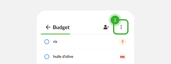 En-tête de liste avec le bouton de menu à trois points en haut en surbrillance