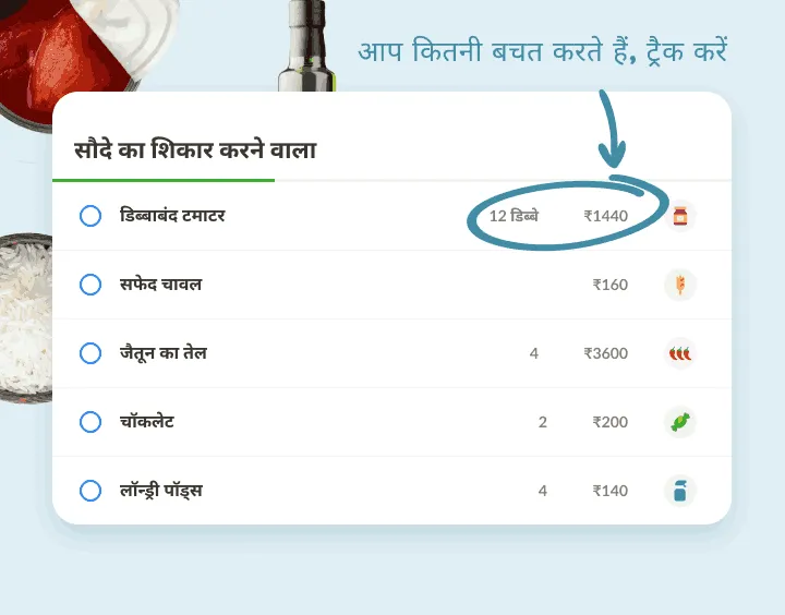 थोक खरीद की सूची, जैसे टमाटर के 12 डिब्बे और सफ़ेद चावल, कीमतों के साथ