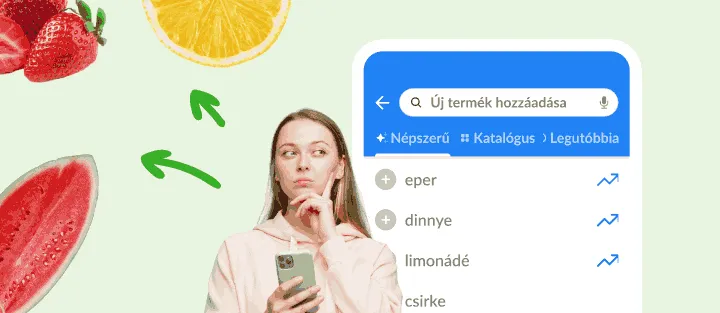 Telefonos nő népszerű tételek listája mellett, például eper és dinnye