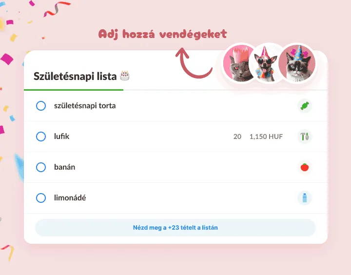 Születésnapi lista tortával, lufival, limonádéval, vendégként parti sapkás cicák
