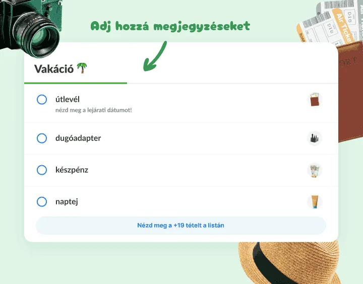 Vakációs csomaglista útlevéllel, dugóadapterrel, készpénzzel és naptejjel