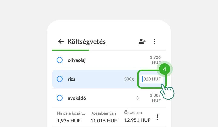 Egy ujj a rizs ármezőjére koppint, alatta a lista összesítései