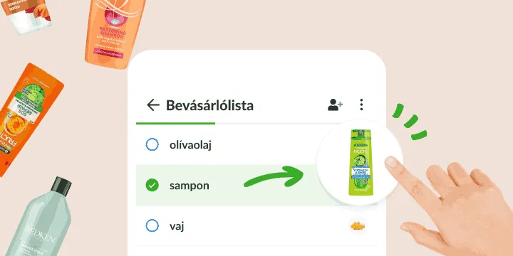 Bevásárlólista, ahol a kipipált sampon a pontos flakon fotóját nyitja meg