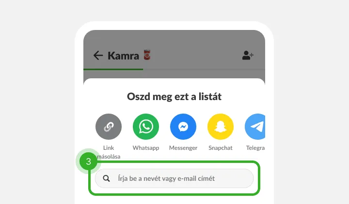 Megosztás menü üzenetküldő ikonokkal és keresőmezővel névhez vagy e-mailhez